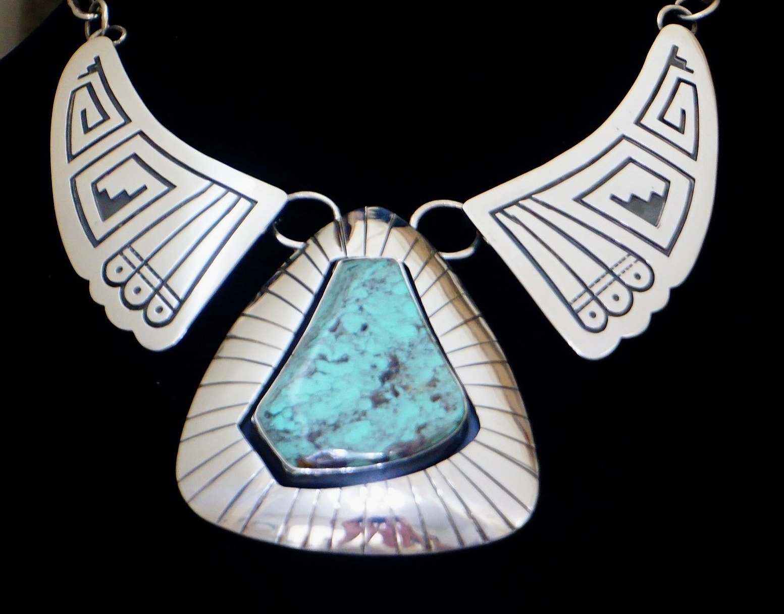 Item #1006H- Large Navajo 3pc Kingman Turquoise Sunburst Sterling Silver  Symbols Overlay Necklace by EM Teller —Men's & Women's Native American