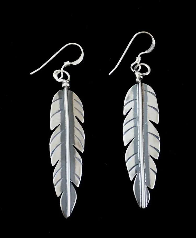 Item #1007A- Large Navajo Sterling Silver Feather Dangle Earrings - Main Image