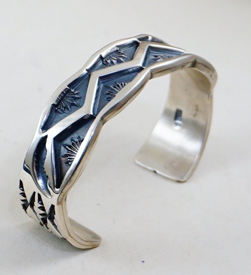 Item #1007H- Heavy Men's Navajo Deep Stamped Zig Zag Sunrise Plant Symbols  Sterling Silver Cuff Bracelet by J. TAHE —Men's and Women's Sterling Silver  