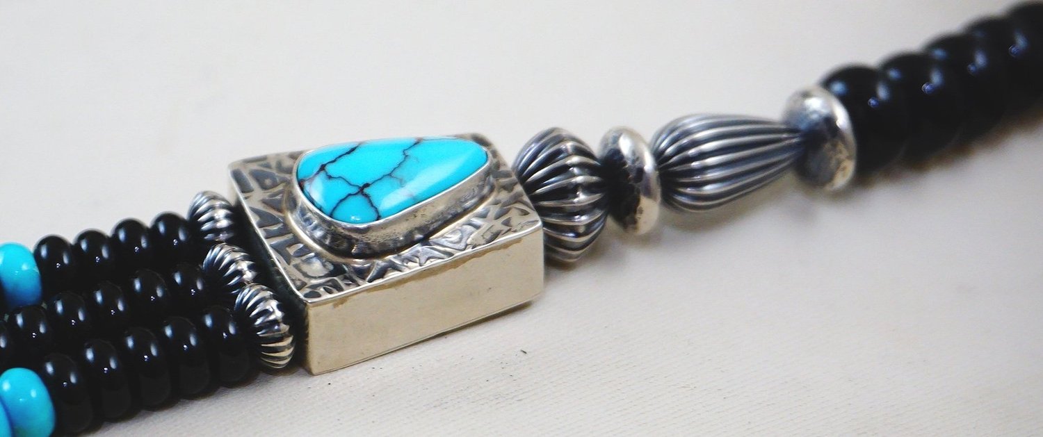 Item #1007K- Navajo Rare Black Web Turquoise and Black Jet Beaded