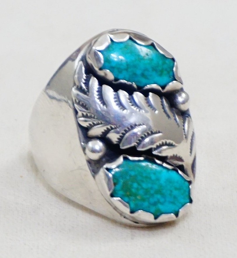 Item #1010B- Men's Vintage Navajo Double Turquoise Sterling Silver Feather  Cast Ring sz 12 —Men's Native American Turquoise Rings- EAGLE ROCK TRADING  ...