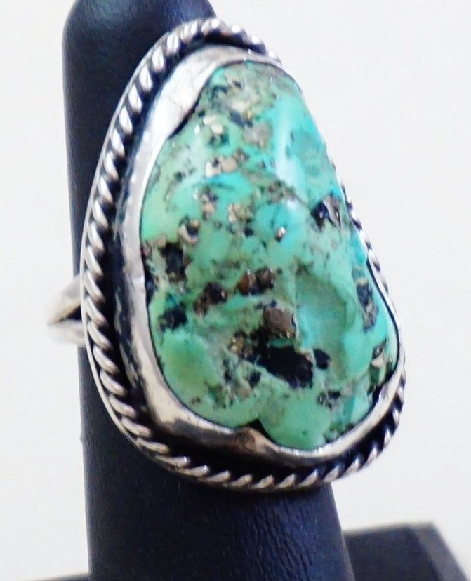 Item #1014P- Large Vintage Navajo Heavy Pyrite Turquoise Nugget Sterling  Silver Ring by JM sz 6 1/2 —Women's Native American Jewelry ~ Women's