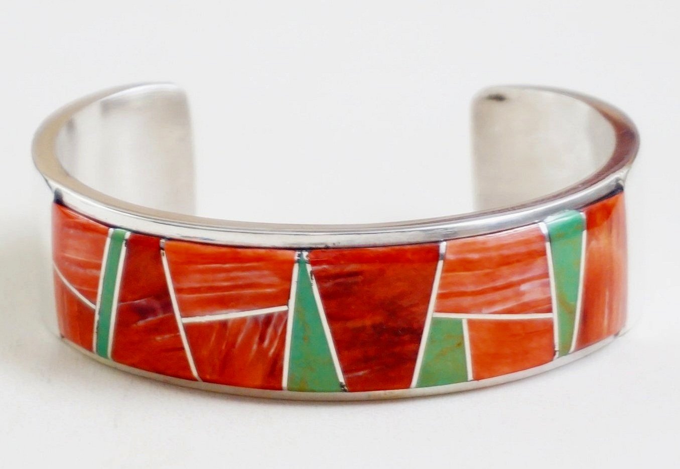 Item #1017P- Ladies Navajo Red Spiny Oyster and Green Turquoise Geometric  Channel Inlay Sterling Silver Cuff Bracelet by Kyle Yellowhair —Men's and 