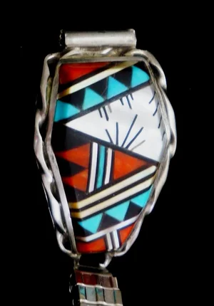 Vintage Zuni‎ Sterling Silver Multi Stone Inlaid Watchband by CM Booqua Vintage Zuni Sterling Silver Multi Stone Inlaid Watchband by  main image 3