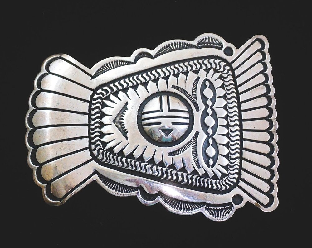 Eagle Rock Trading POST-Native American Jewelry Item #1025E- Extra Large Navajo Stamped Sun Symbols Raised Sunface Sterling Silver Belt Buckle by Emerson Bill