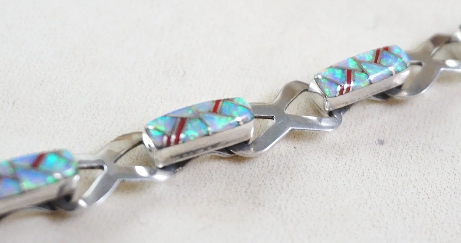 Item #1028R- Zuni Opal and Coral Channel Inlay Sterling Silver 