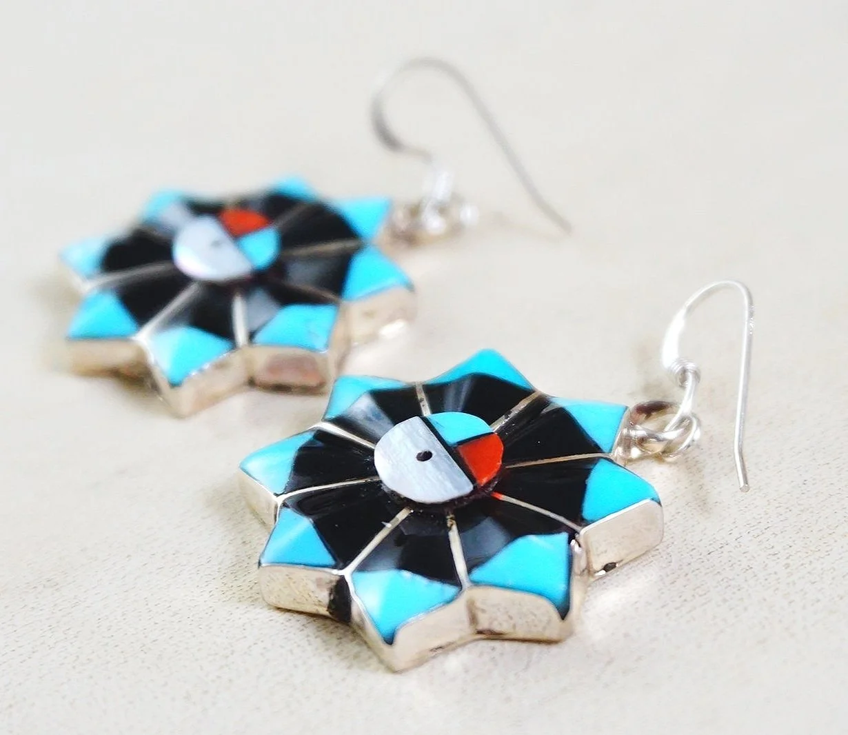 ◆VINTAGE HOLLYWOOD◆ Space Stone Ring Earrings VH249OEA008M Item #1030N- Zuni Multi Stone Channel Inlay Full Sun Sunface