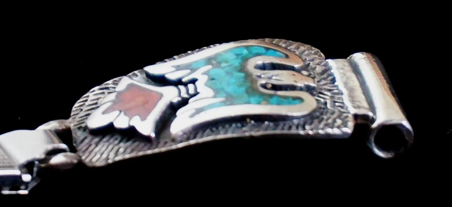 Ladies Solid Silver Navajo Inlaid Turquoise/Coral Thunderbird Indian-head Watch Sterling Silver Navajo Turquoise &Coral Inlay Thunderbird  main image 4