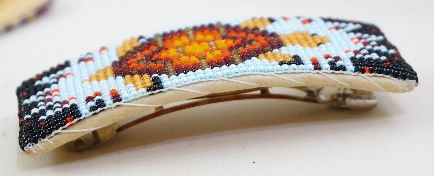 Handmade Alaska Native Beaded Barrette with white/teal/orange beads and dangles Beaded Boho Barrette, Native American Beaded Clip, Boho Hair  main image 3
