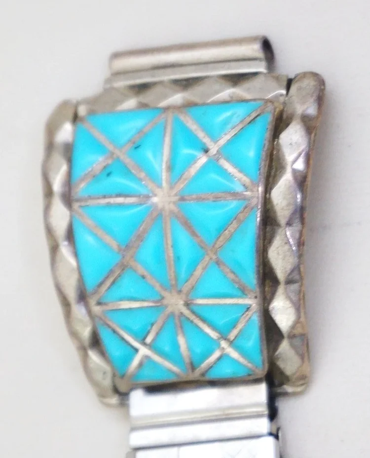 Vtg 80s 90s Watch Southwest Turquoise Inlay NOS Rainbow Timepiece Vintage 14K Gold Navajo Tom David Multistone Inlay Sleeping  main image 4