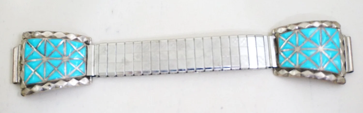 Vintage sterling silver Native American Zuni inlay watch band/ watch Vintage Zuni Inlay Watch Tips – Vicki Turbeville main image 4