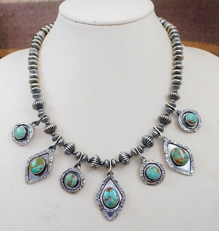 Item #1036M- Navajo 7ct Royston Turquoise Textured Silver Drop Sterling Silver Beaded Necklace by Em Teller