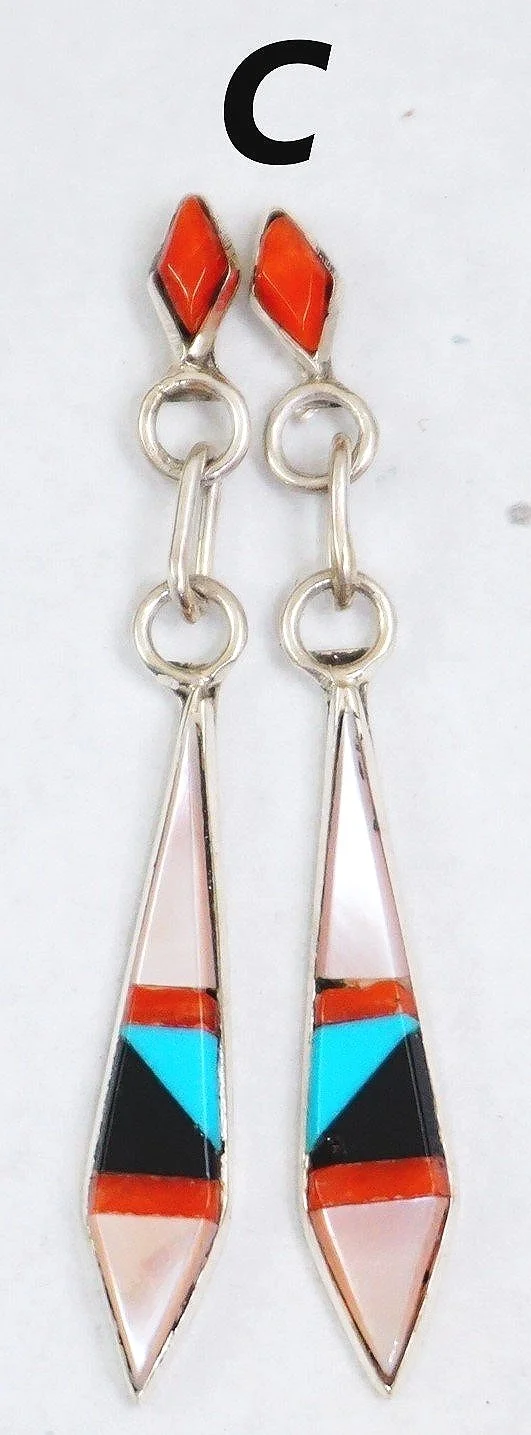 Zuni Multi Stone Inlay Dangle Earrings —Multi Color Stone