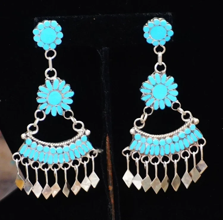 Zuni Turquoise Inlay Dangle Earrings —Turquoise Earrings Native
