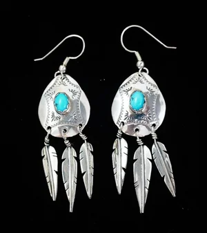 Navajo Turquoise Feathers Earrings —Turquoise Earrings Native