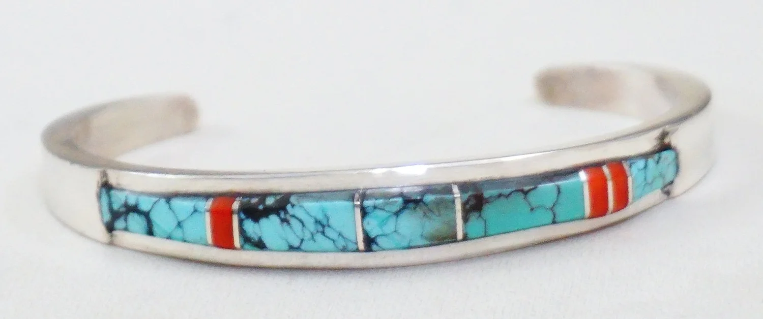Navajo Turquoise Coral Inlay Bracelet —Men display picture 2