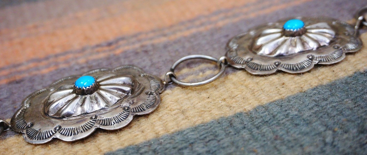 Vintage Bohemian Turquoise Stone Medallion Link Belt – Adjustable Navajo Turquoise Sterling Silver Linked Concho Belt —*Native  main image 2