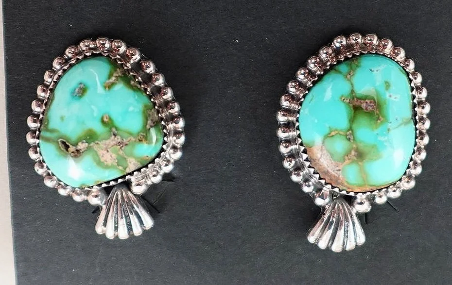 turquoisxe c lip earrings Item 1057A- Navajo Sonoran Gold Turquoise Sterling Silver Prayer Fans Clip On Earrings by L.Platero