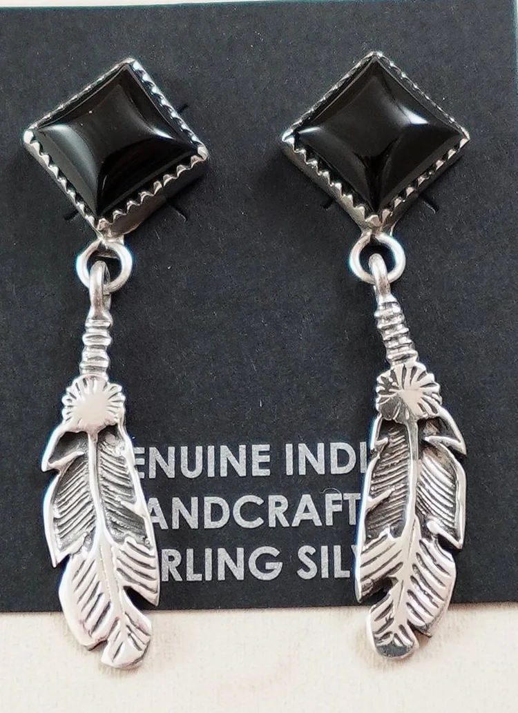 Navajo Onyx Sterling Silver Feathers Dangle Earrings —Native
