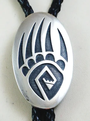 Hopi Sterling Silver Bear Paw Bolo Tie —Sterling Silver and Gold 