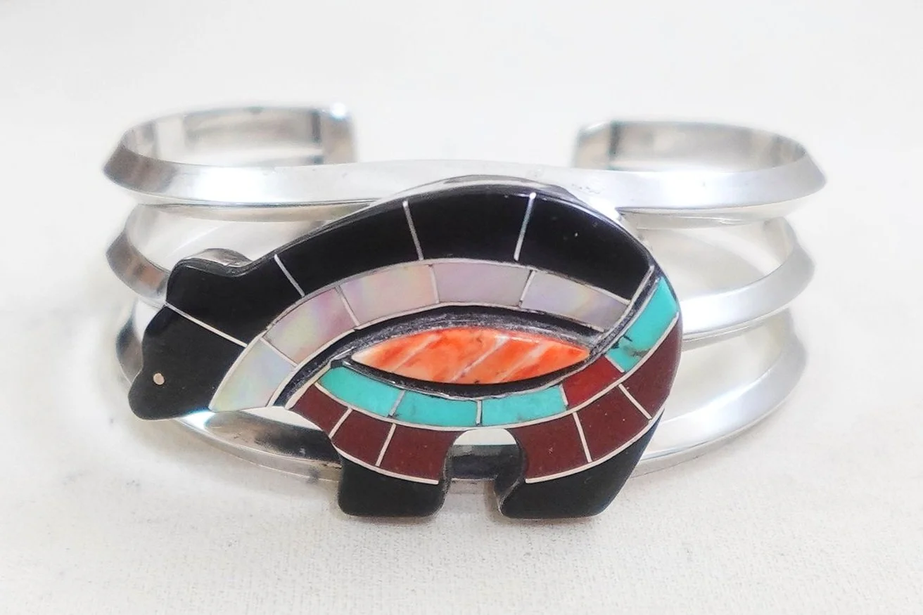 Zuni Multi Stone Inlay Spirit Bear Silver Bracelet —Men