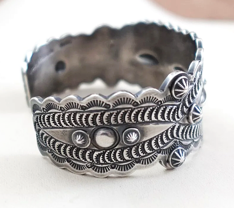 Navajo Stamped Repousse Sterling Silver Cuff Bracelet FRITZ CASUSE
