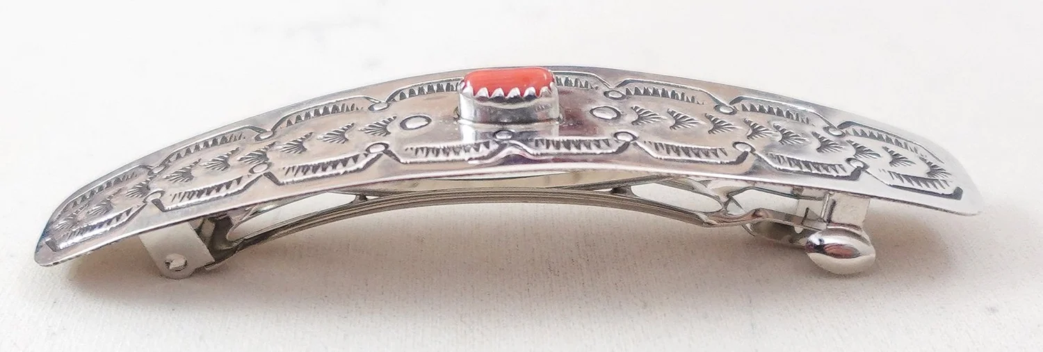 Navajo Coral Stamped Sterling Silver Hair Barrette —Hair  display picture 3