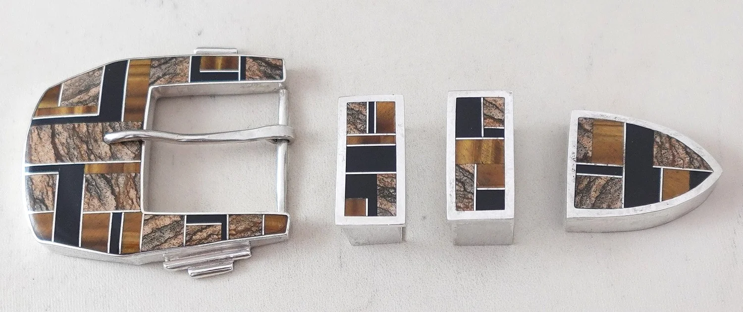 Vintage Navajo Native American Inlaid Ranger Belt Buckle Set Navajo Multi Stone Inlay Silver Ranger Buckle Set —Ranger  main image 4