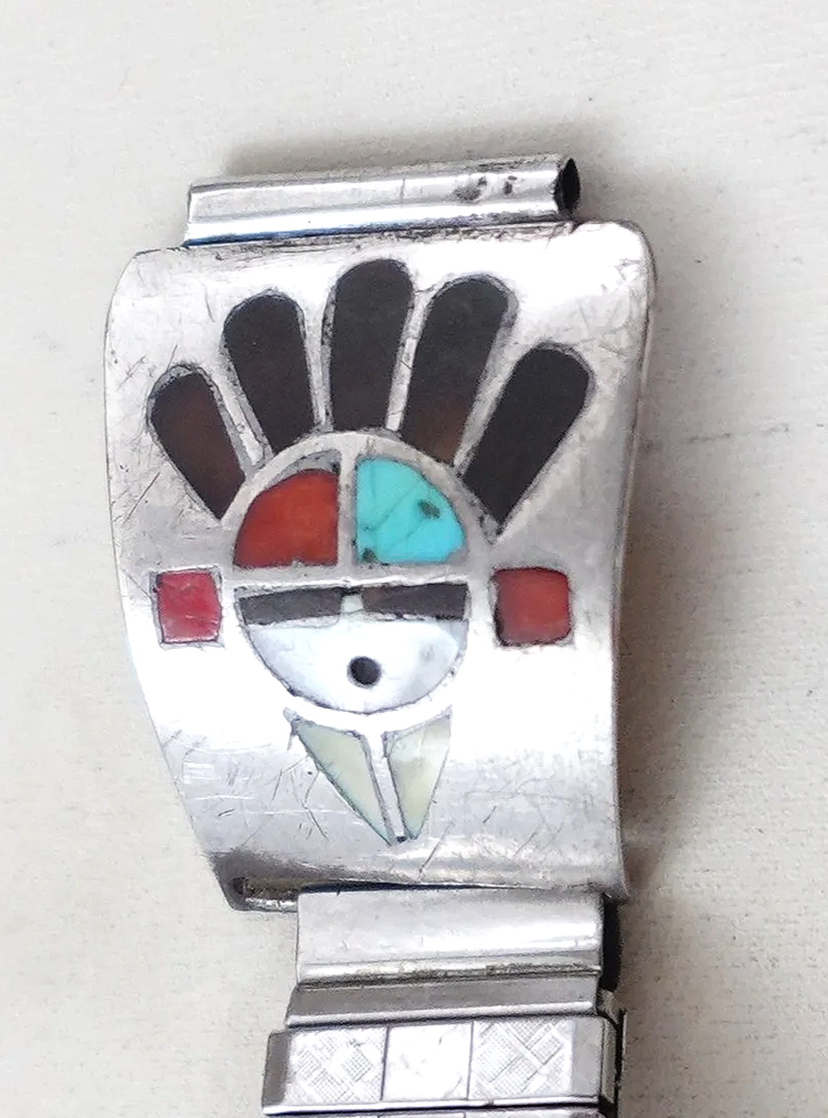 Vintage Men's Zuni Stone Inlay Sunface Deity Sterling Silver