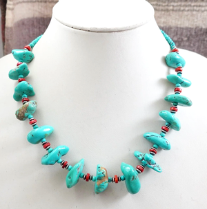 Navajo Turquoise Nuggets Spiny Oyster Silver Beaded Necklace EM