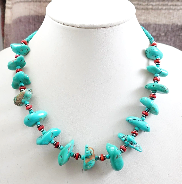 Navajo Turquoise Nuggets Spiny Oyster Silver Beaded Necklace EM