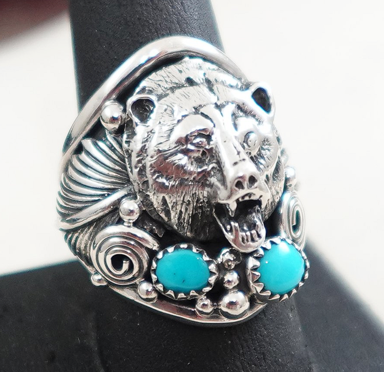 Men's Navajo Turquoise Sterling Silver Bear Feathers Rings