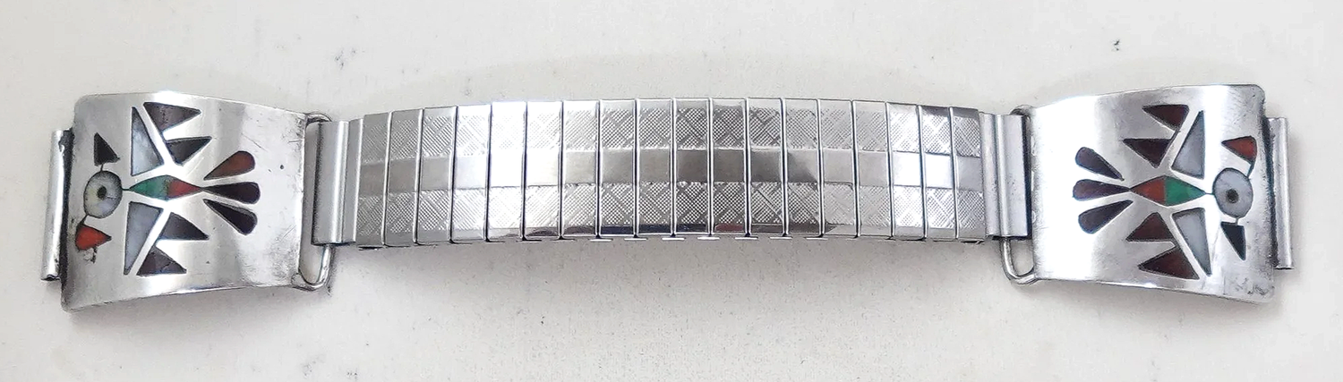 Vintage Men's Zuni Thunderbird Inlay Sterling Silver Watchband
