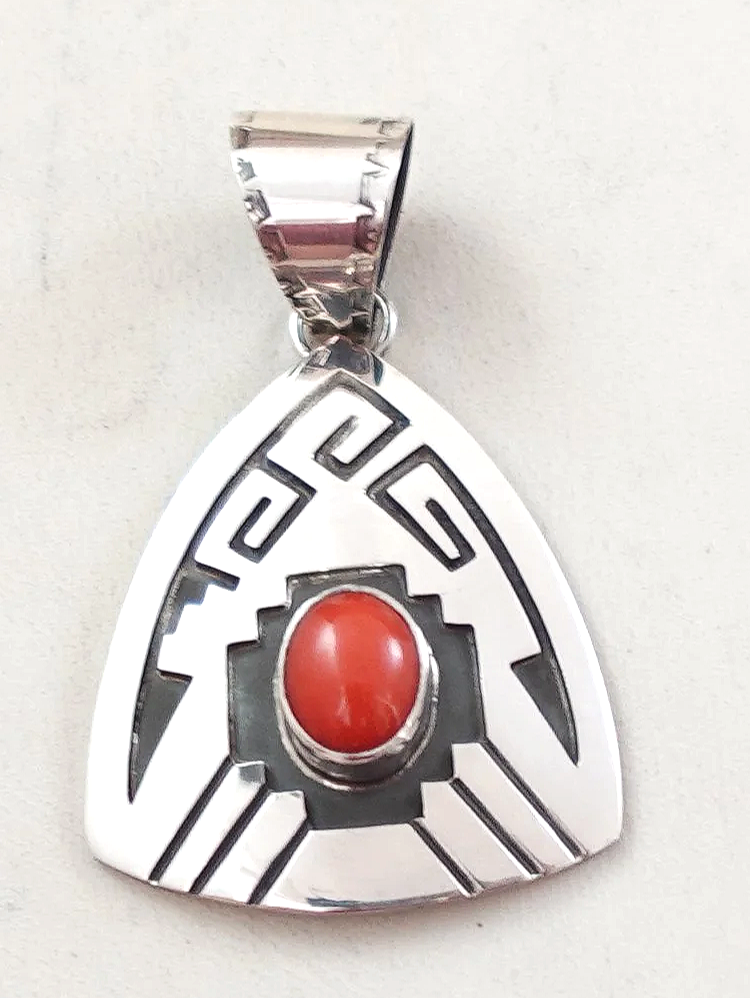 Navajo Mediterranean Coral Sterling Silver Symbols Overlay