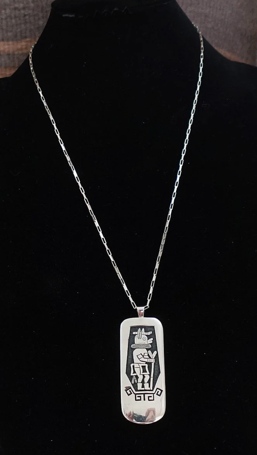 Hopi Sterling Silver Wolf Kachina Overlay Pendant w/Chain