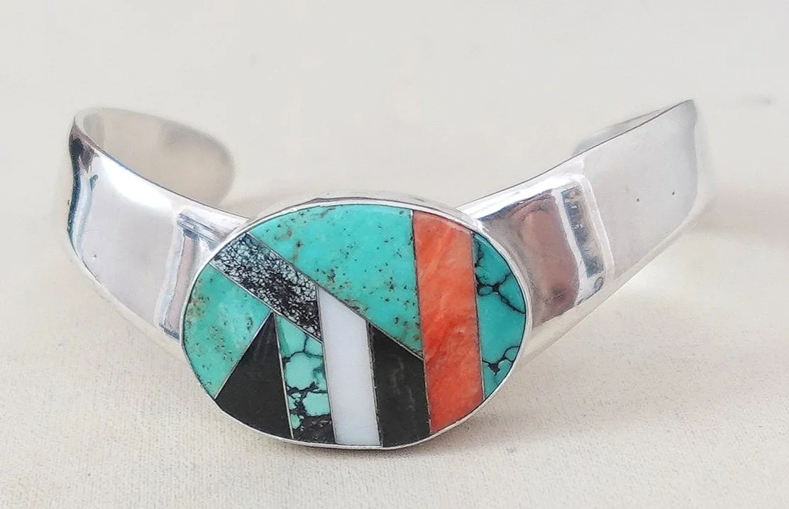 Mexican Multi Stone Inlay Silver Bracelet —Men's and Women's