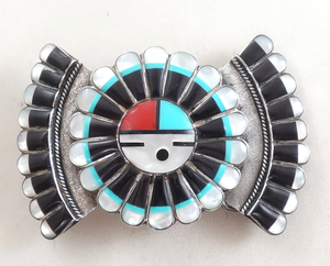 Vintage Mayan Inca Sun Face Belt Buckle Collectible Turquoise Blue Item #990K- Zuni Multi Stone Geometrical Sunface Decorative  main image 4