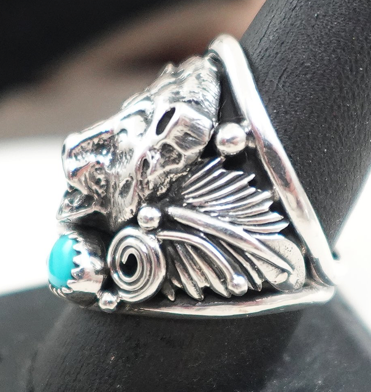 Men's Navajo Turquoise Sterling Silver Bear Feathers Rings