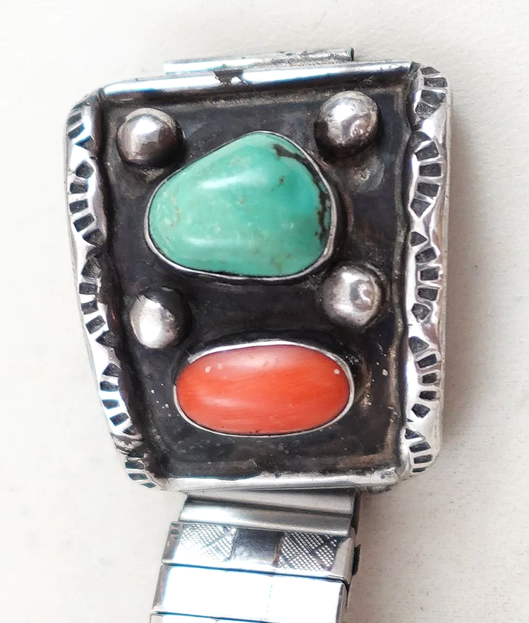 Men's Vintage Navajo Turquoise Coral Sterling Silver Watchband