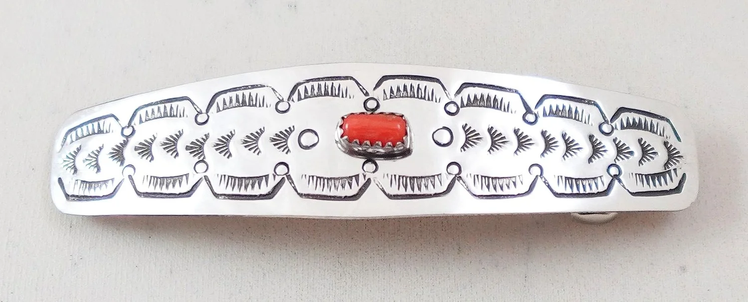 Navajo Coral Stamped Sterling Silver Hair Barrette —Hair  display picture 3