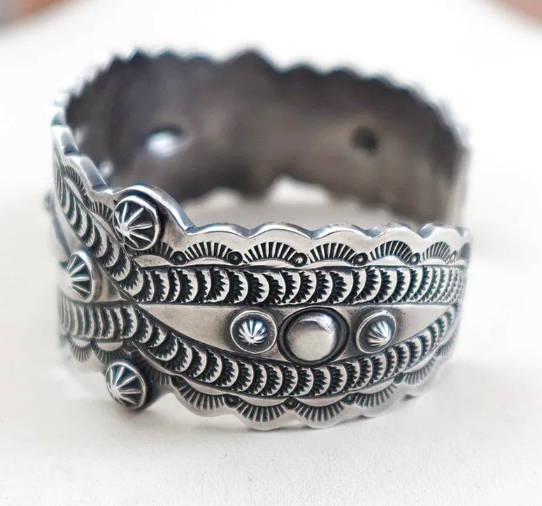 Navajo Stamped Repousse Sterling Silver Cuff Bracelet FRITZ CASUSE