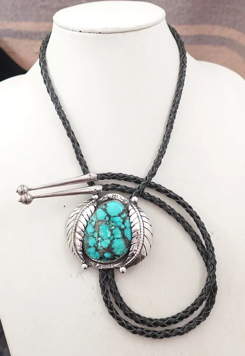 Navajo Lone Mountain Turquoise Silver Leaves Bolo Tie