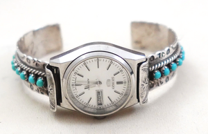 Women's Old Pawn Zuni Turquoise Sterling Silver Watch Cuff JP
