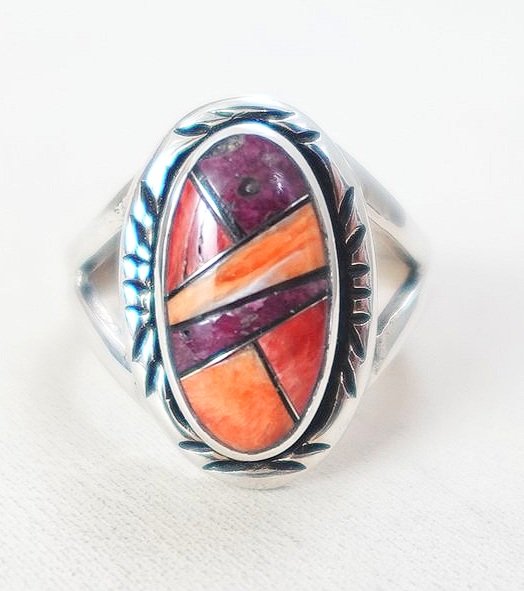 Women's Navajo Orange Purple Spiny Oyster Inlay Ring —Women's