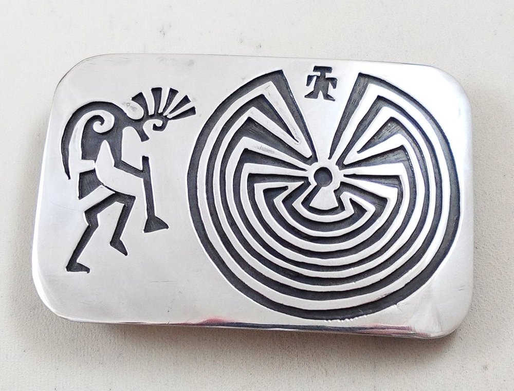 Navajo Kokopelli Man In Maze Silver Overlay Belt Buckle —Men's