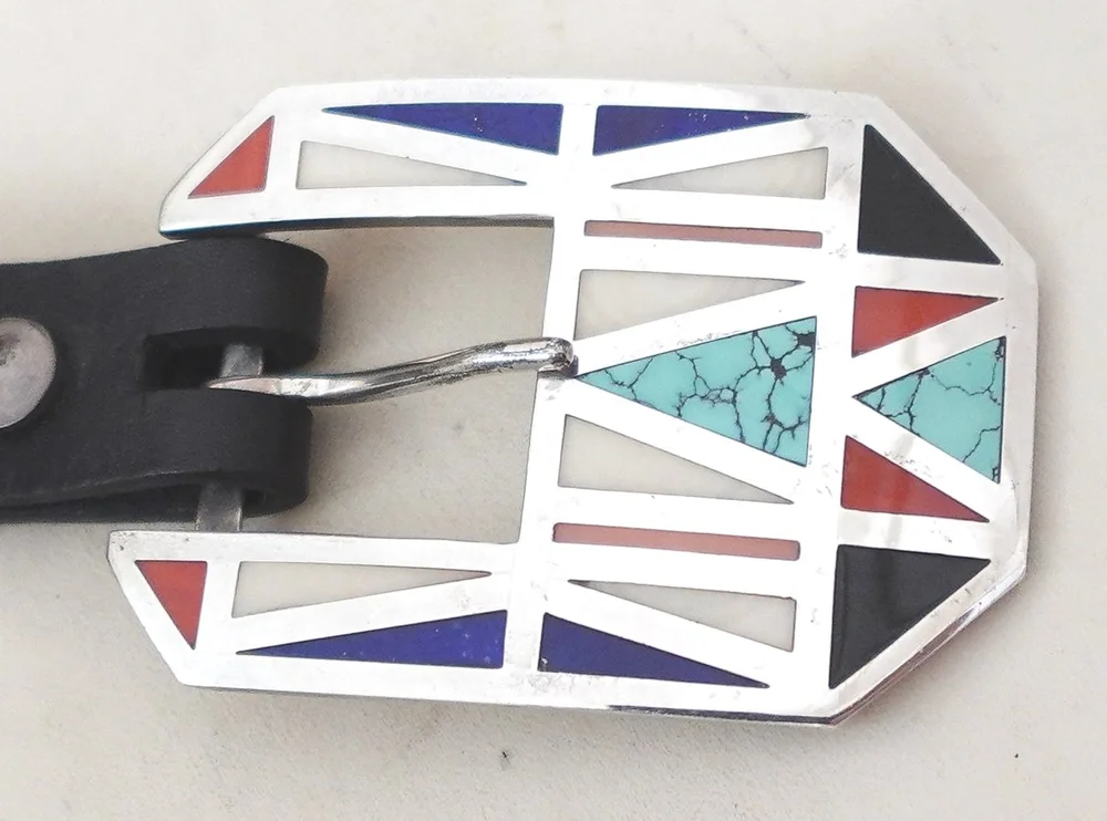 Southwest Multi Stone Inlay Sterling Silver Ranger Buckle  display picture 2