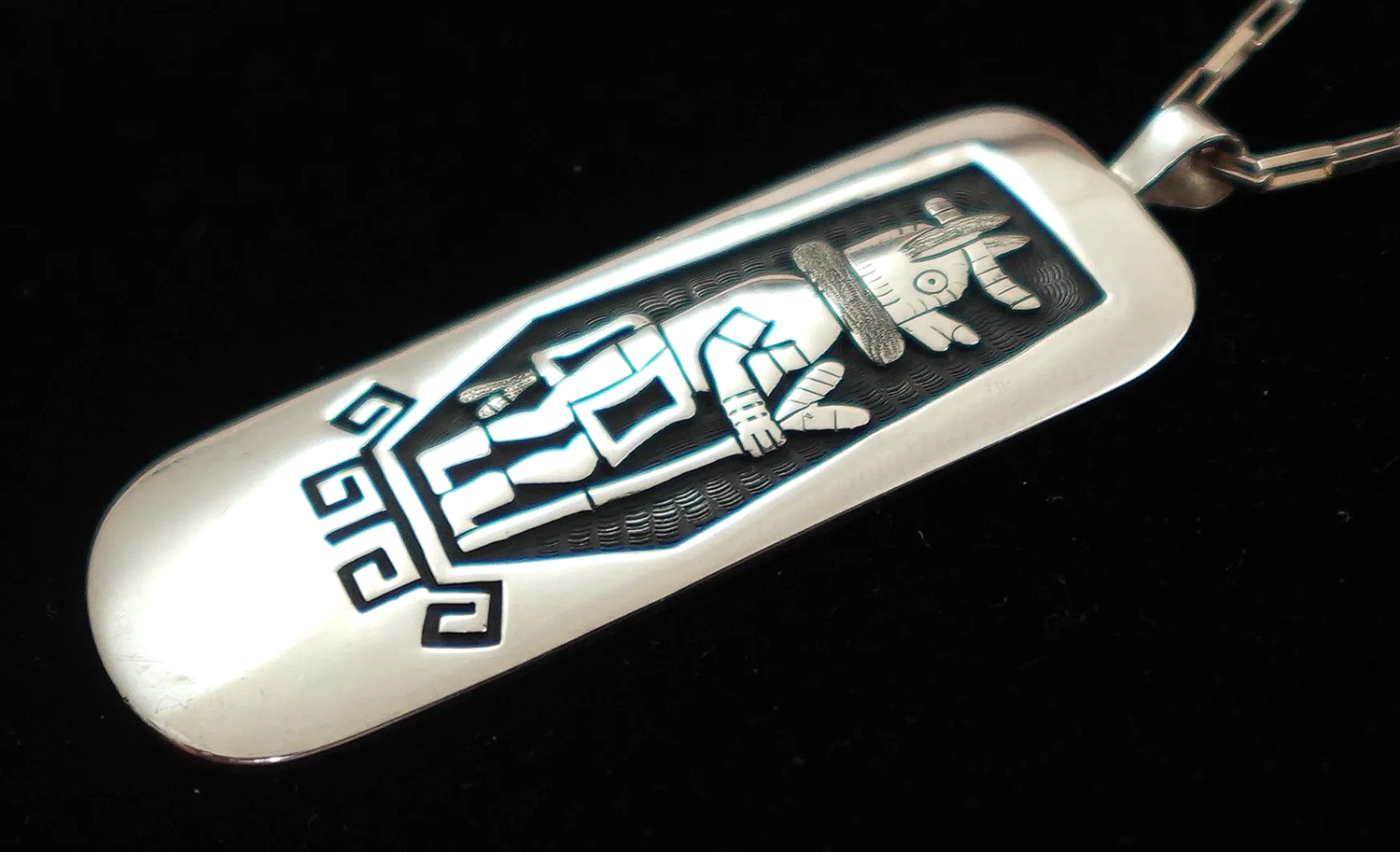 Hopi Sterling Silver Wolf Kachina Overlay Pendant w/Chain