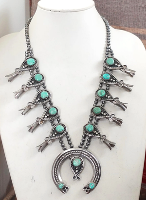 Navajo Turquoise Stamped Silver Symbols Thunderbird Necklace