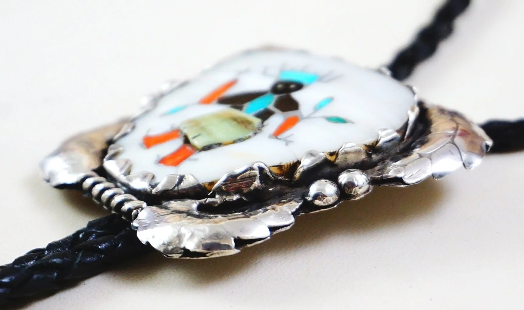 Vintage Zuni Black Apache Ghan Dancer Bolo Tie —Multi Stone