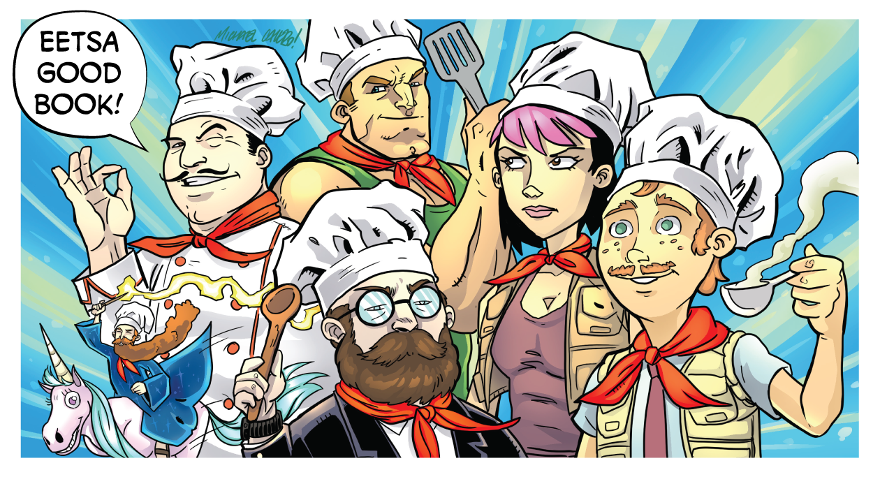 The Starburns Industries Chef is joined by characters from B-Squad, Tiny Wizards, and Monster Safari. Illustration by Michael Calero